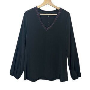 Collection by Bobeau Women Black Top Medium Size V Neck Peasant Long Sleeve NWT